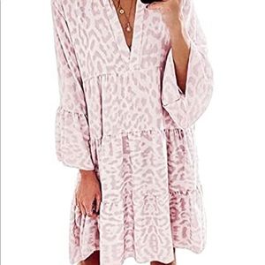 Womens Long Sleeve V Neck Leopard Print Swing Midi Dress